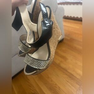 Elegant Black and Tan Wedge Sandals